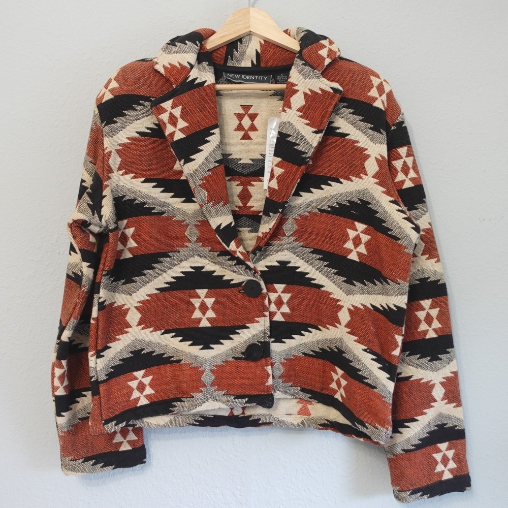 Vintage 90s Jacket Southwestern Aztec Print Tapestry Blazer Boho Woven Boxy S